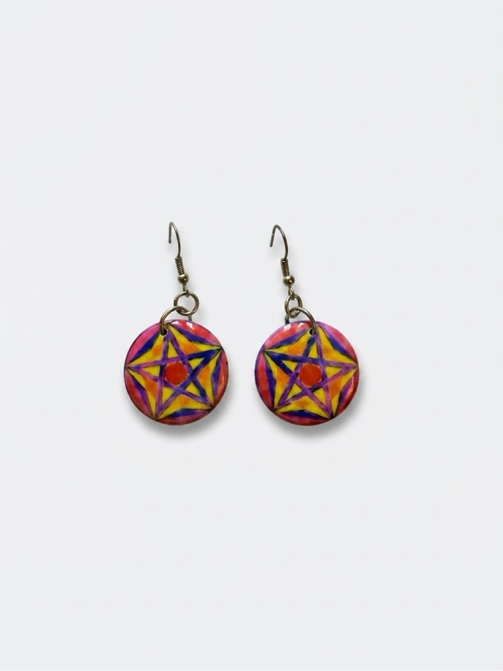 Hand-Painted Pink & Yellow Star Dangle Earrings